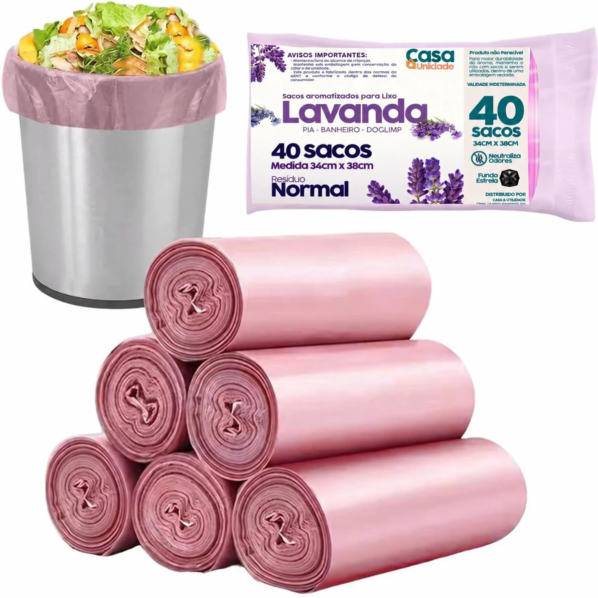 Saco de Lixo Perfumado Lavanda 40 Unidades Plástico Anti-Odores - 50% OFF
