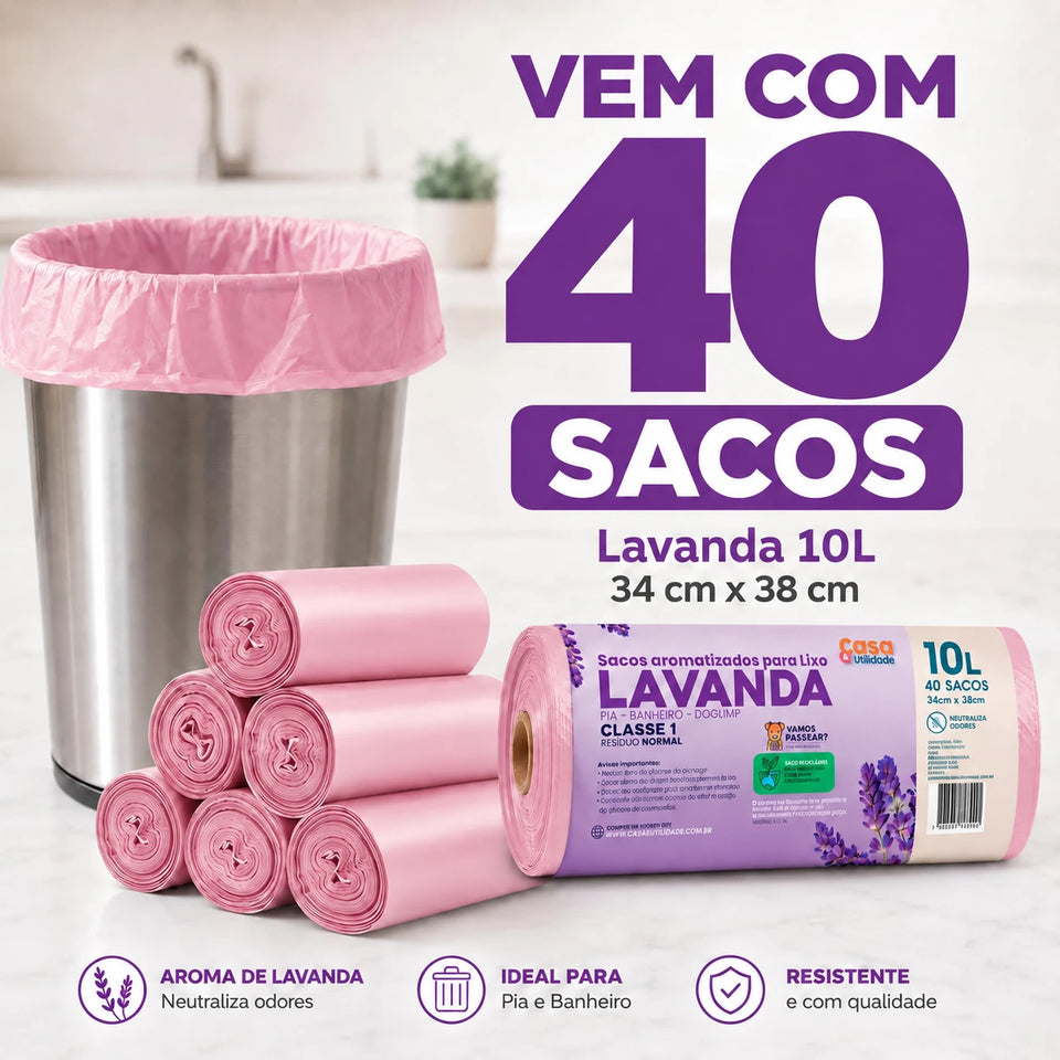 Saco de Lixo Perfumado Lavanda 40 Unidades Plástico Anti-Odores - 50% OFF