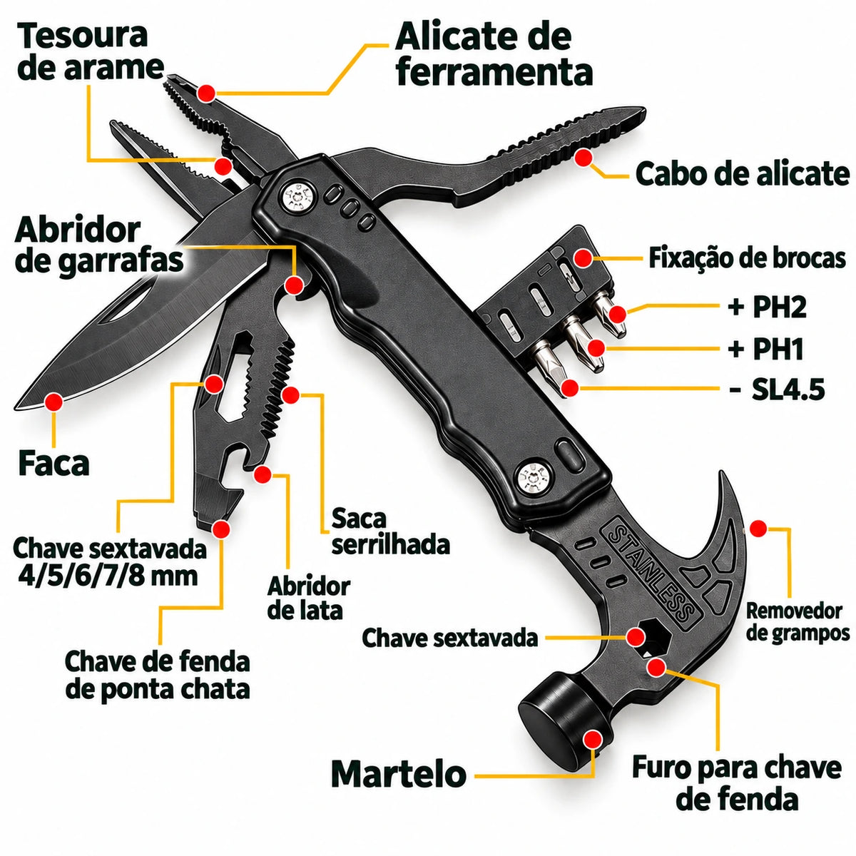 Martelo Portátil Multifuncional Garra Ao Ar Livre Camping Adventure Survival Kit Com Bolsa de Nylon.